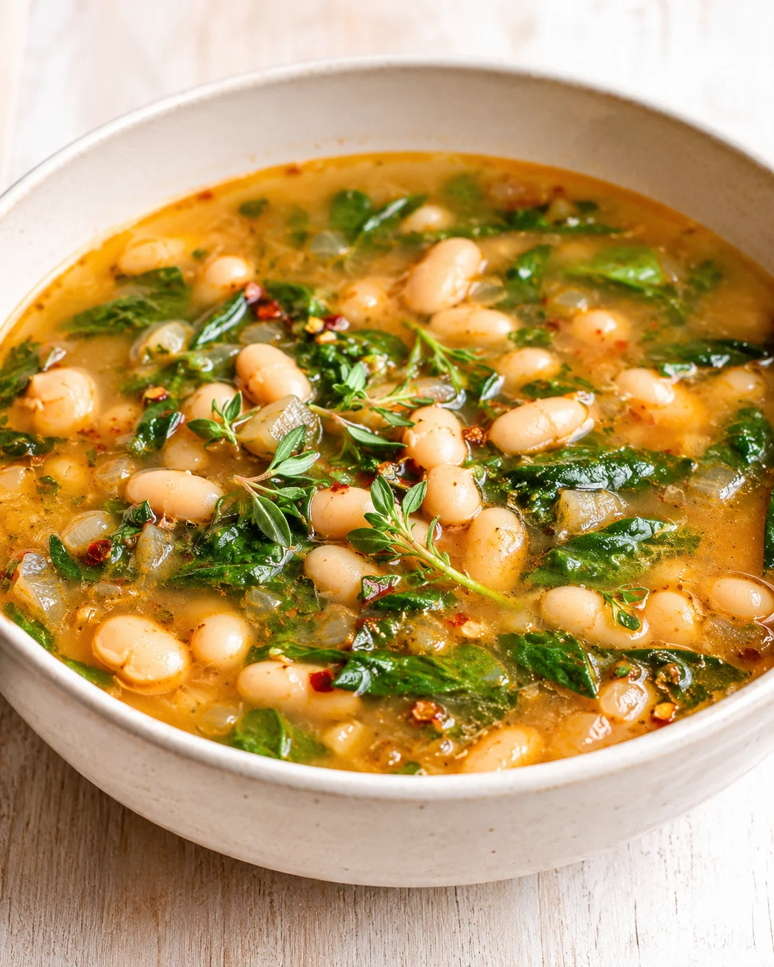 Creamy white bean soup with greens and thyme in a rustic ceramic pot