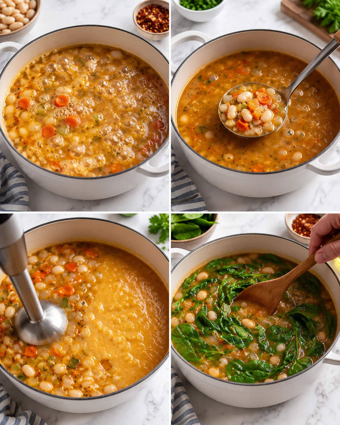 Four-panel collage of white bean soup in a pot with vegetables, immersion blender, and greens