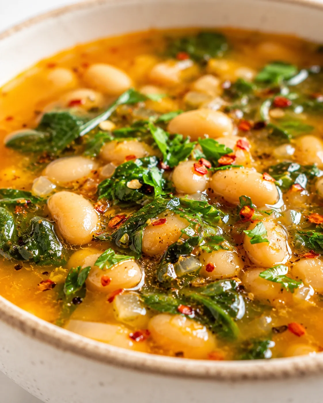close-up of white beans in golden broth with greens and red pepper flakes