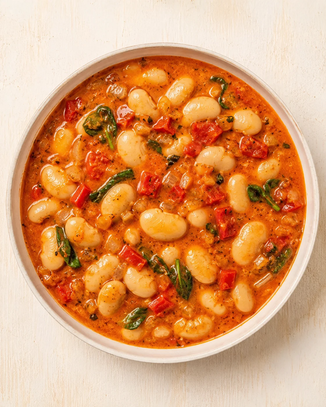 bowl of white beans in tomato sauce with red peppers and greens on a light wooden surface