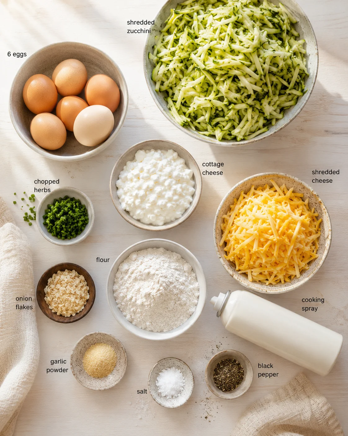top-down view of a bright kitchen spread featuring eggs, shredded zucchini, cottage cheese, shredded cheddar, flour, and spices.