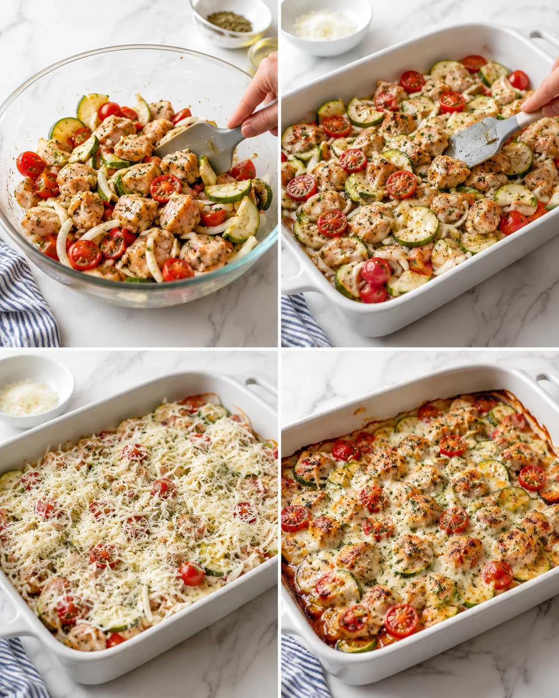 four-panel collage showing chicken meatballs with zucchini and tomatoes being prepared and baked