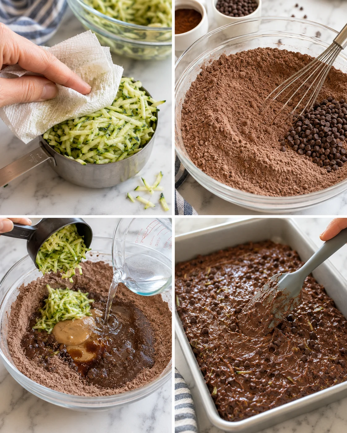 four-panel collage showing zucchini prep, cocoa and chips, adding water, and brownie batter in a pan