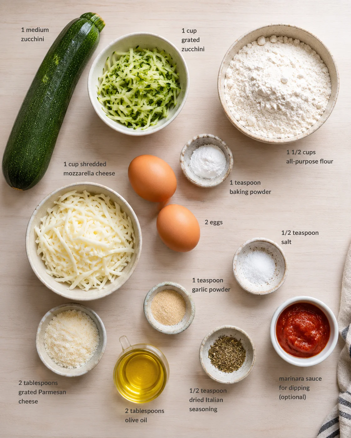 Overhead view of zucchini, cheeses, flours, and spices arranged on a wooden surface.
