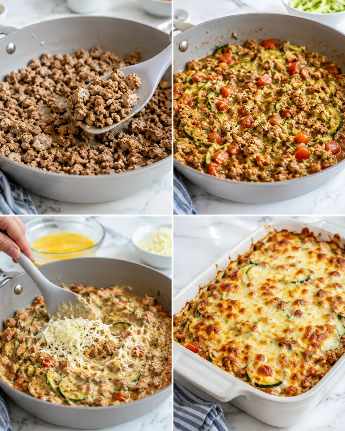 collage showing browning ground meat, zucchini and tomatoes, cheese being added, and a baked cheesy casserole