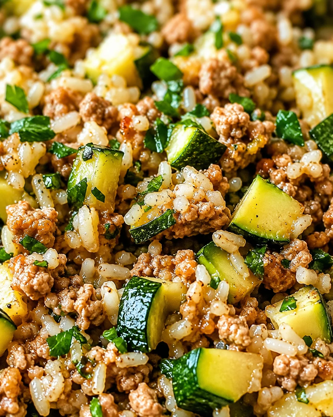 Close-up of browned ground meat, rice, zucchini, and fresh herbs.