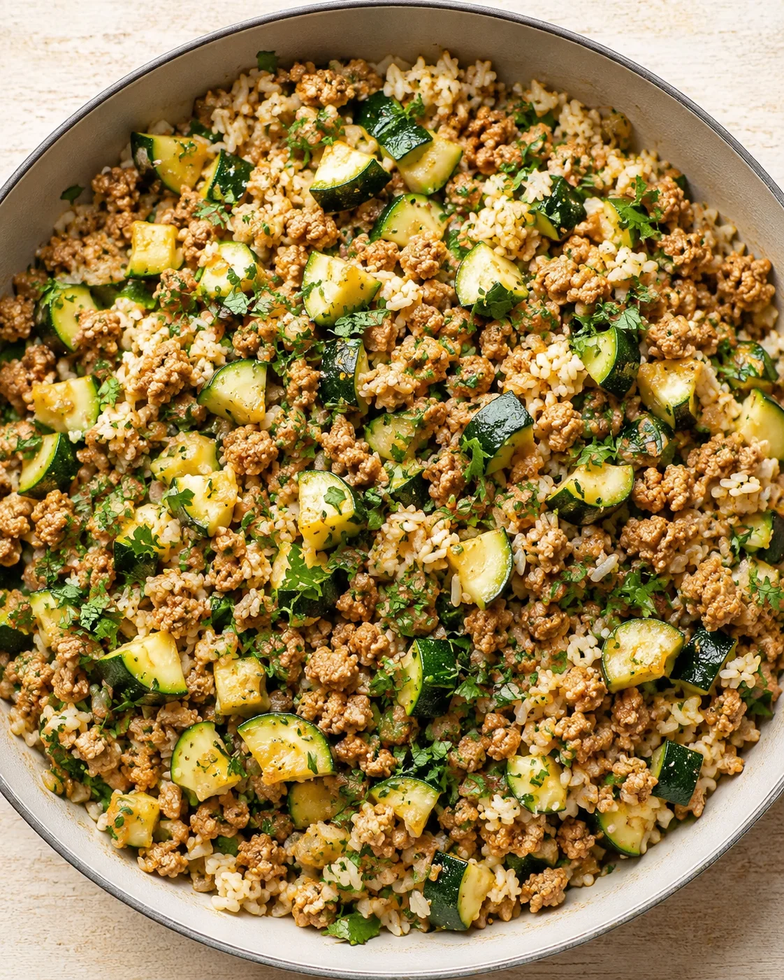 Top-down view of a skillet dish with ground meat, zucchini, and rice, garnished with parsley.