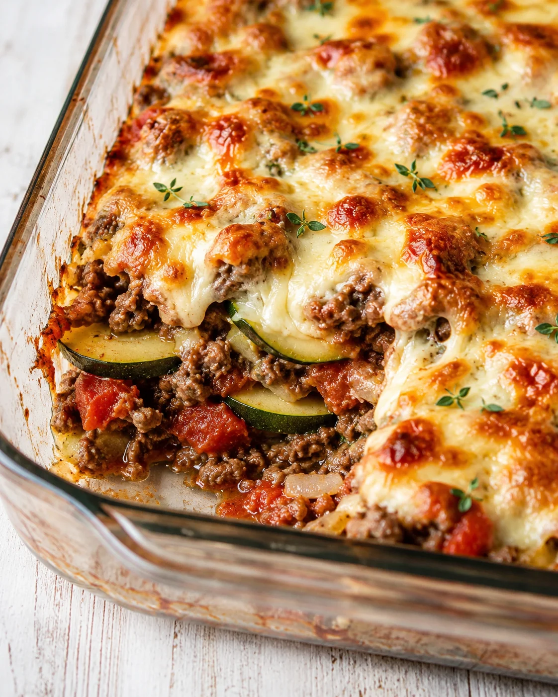 oven-baked zucchini lasagna with beef, tomato sauce, and melted cheese in a glass pan