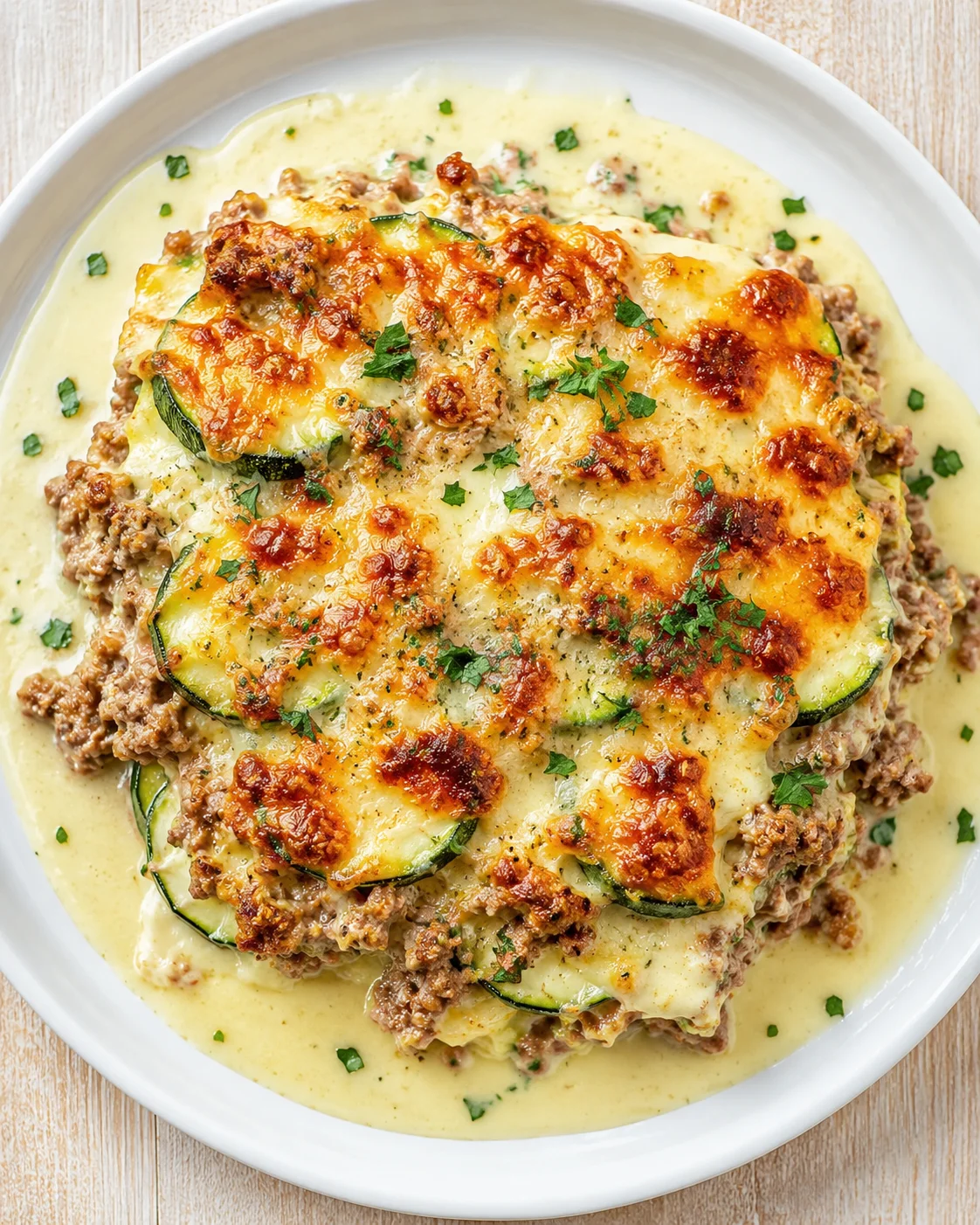 Zucchini lasagna with ground meat, melted cheese, and a creamy sauce on a white plate.