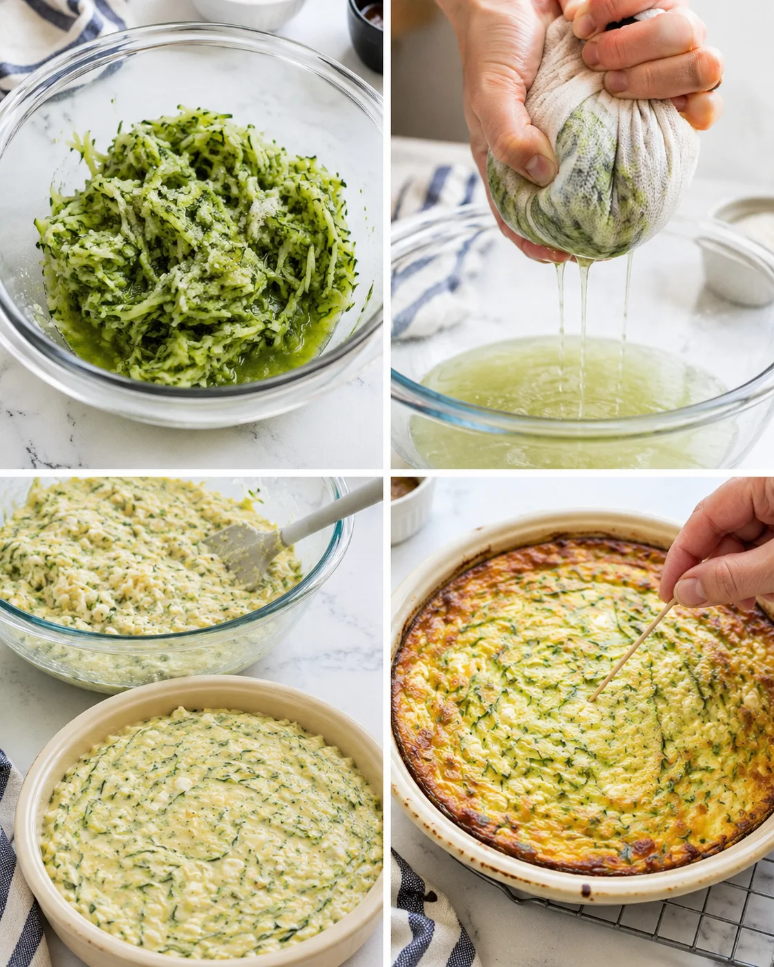 four-panel collage showing shredded zucchini with herbs, squeezing greens, mixing batter, and baked quiche
