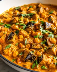 Close-up of hearty eggplant curry with chickpeas, herbs, and spices in a skillet