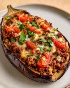 Baked stuffed eggplant with ground beef, tomatoes, and melted cheese on a plate.