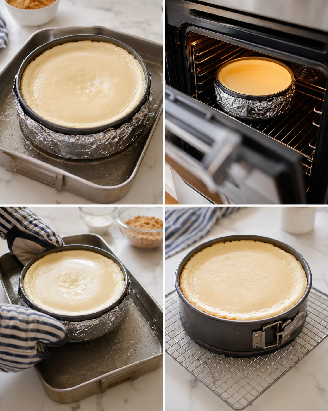 Collage of cheesecake steps: batter in foil-wrapped pan, oven bake, hands with mitts, cooling rack.