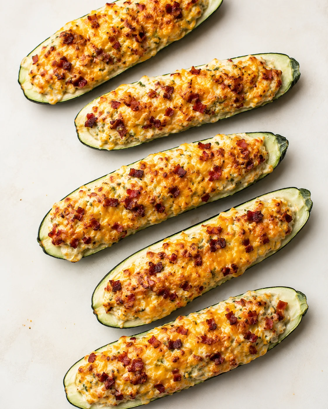 Five zucchini boats filled with cheesy bacon filling, baked to golden, arranged diagonally on a light background.