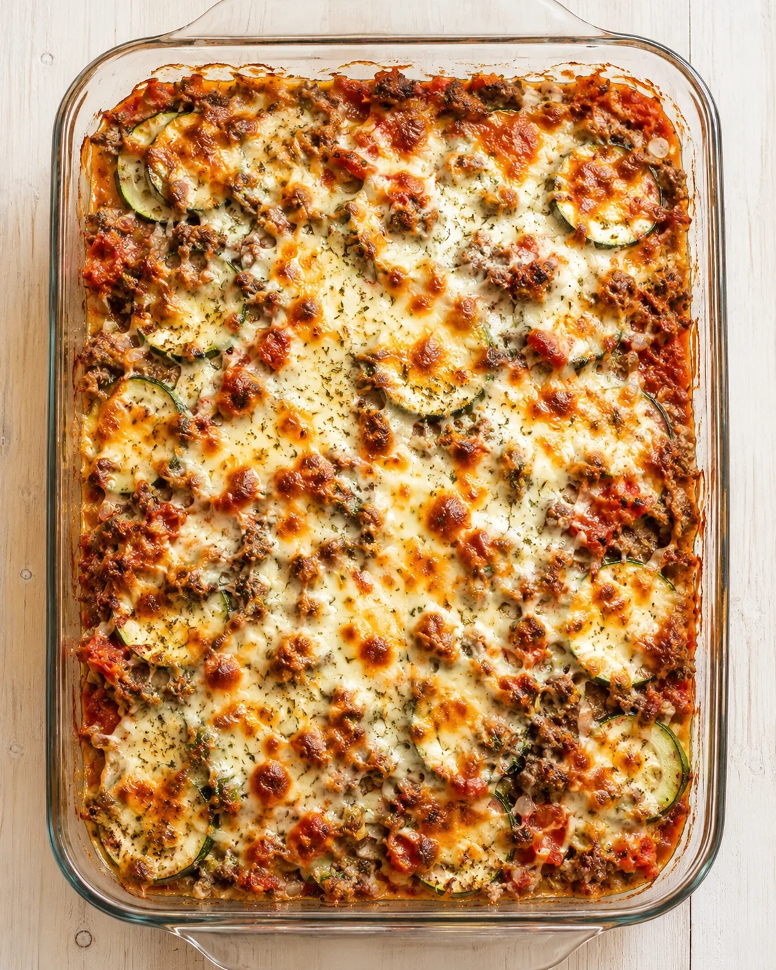 baked zucchini lasagna with meat and cheese in a glass dish