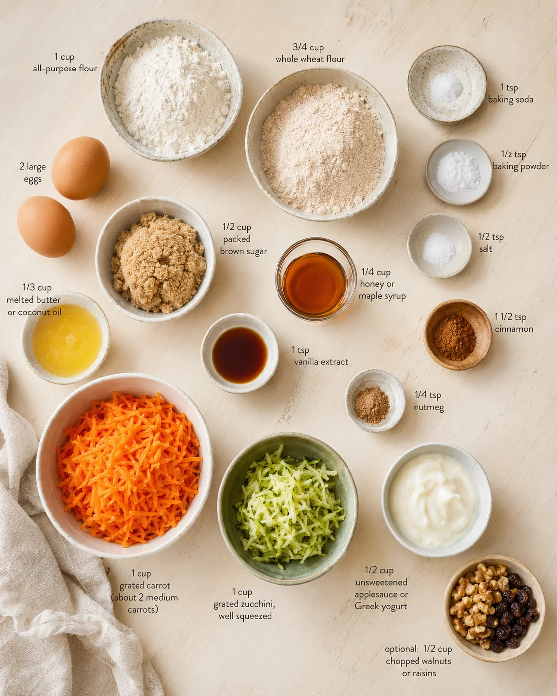 Overhead flat lay of baking ingredients in bowls with labeled measurements on a light wooden surface.