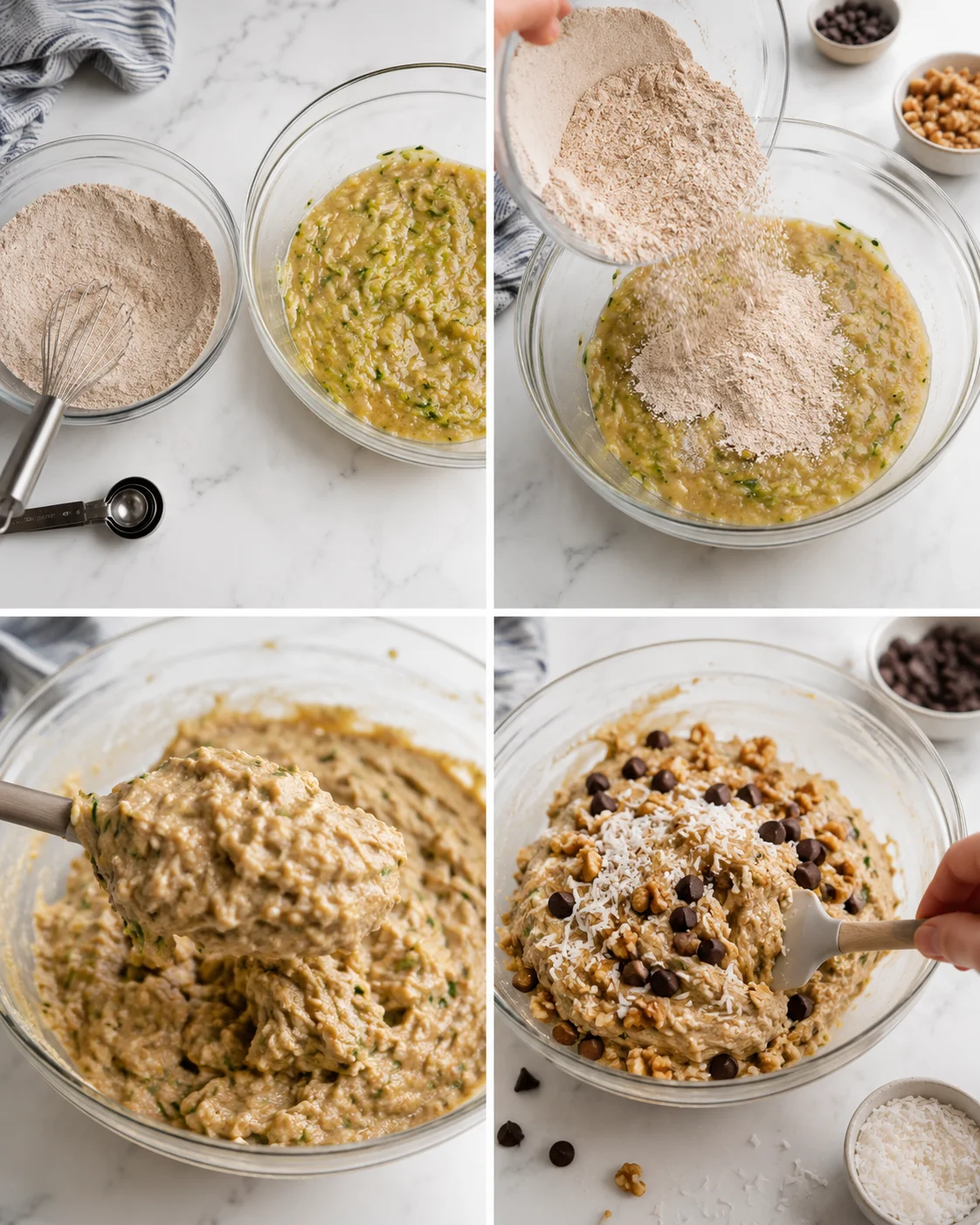 Four-panel collage of batter-making: dry ingredients, wet batter, and batter with chips and nuts.