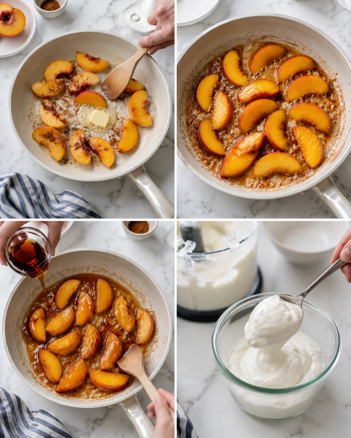 collage of four kitchen shots: peaches sautéing in butter, forming caramel, syrup being added, and whipped cream