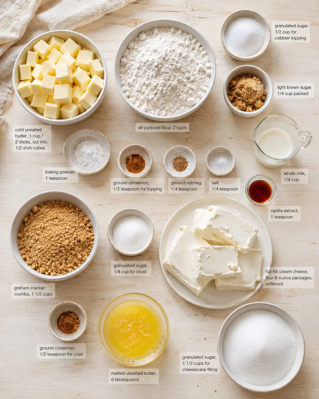top-down view of butter cubes, flour, sugars, crust crumbs, and dairy ingredients arranged for cheesecake