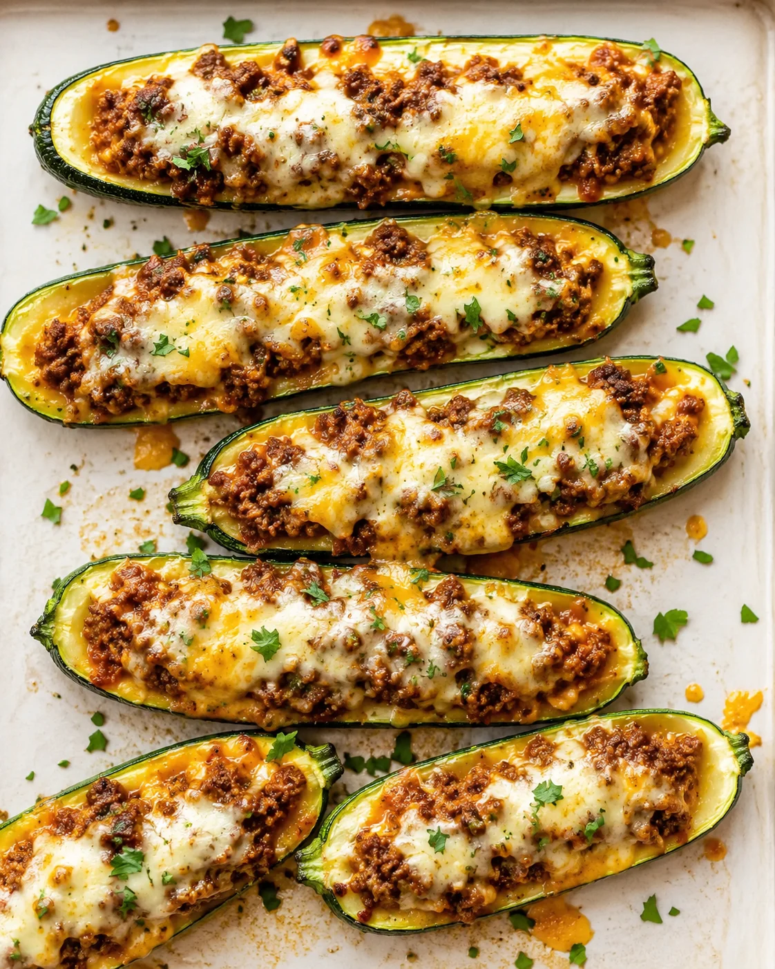 Zucchini boats halved and filled with browned meat and melted cheese on a parchment-lined baking sheet.