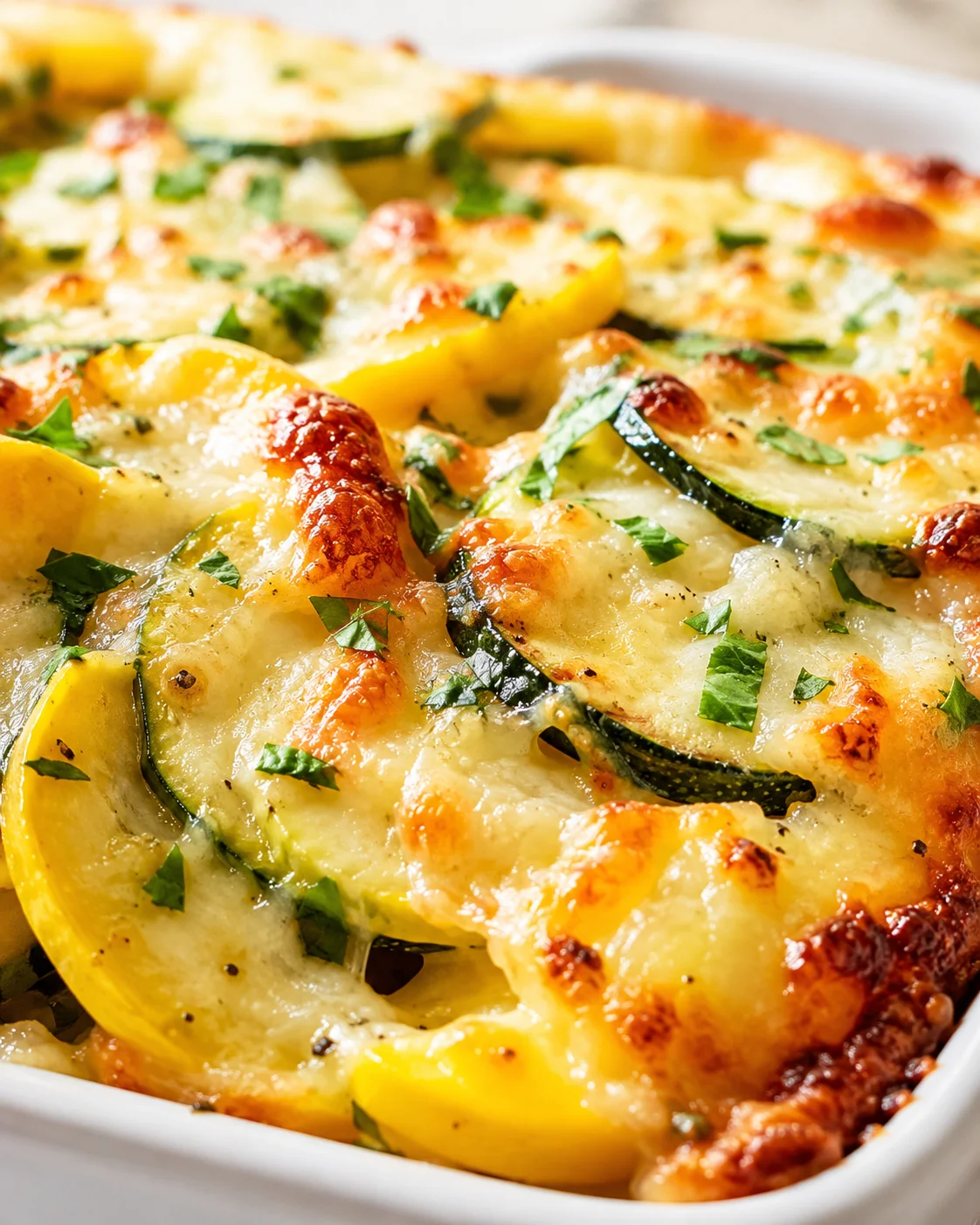 Close-up of a baked cheesy gratin with potato, yellow pepper, zucchini, and parsley