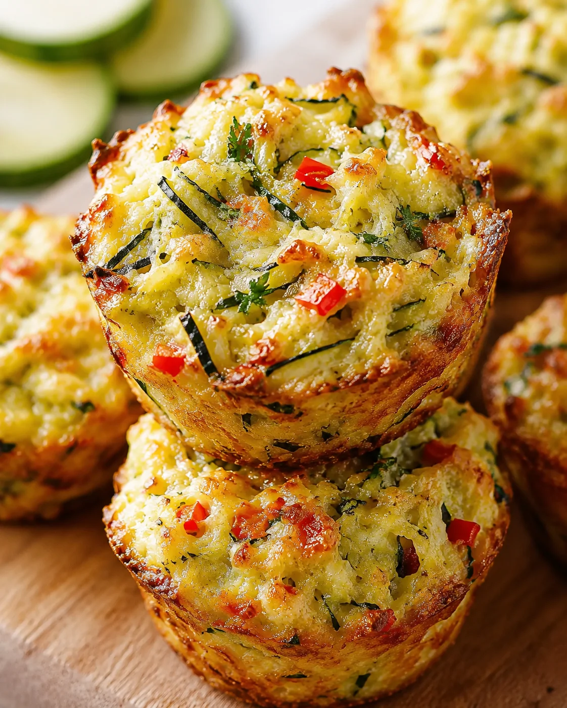 Stack of golden cheesy zucchini muffins with red pepper pieces on a wooden board