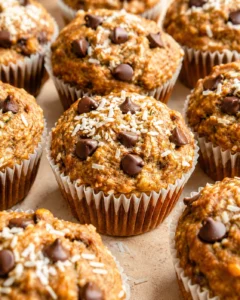Close-up of golden muffins topped with chocolate chips and coconut flakes in white liners.