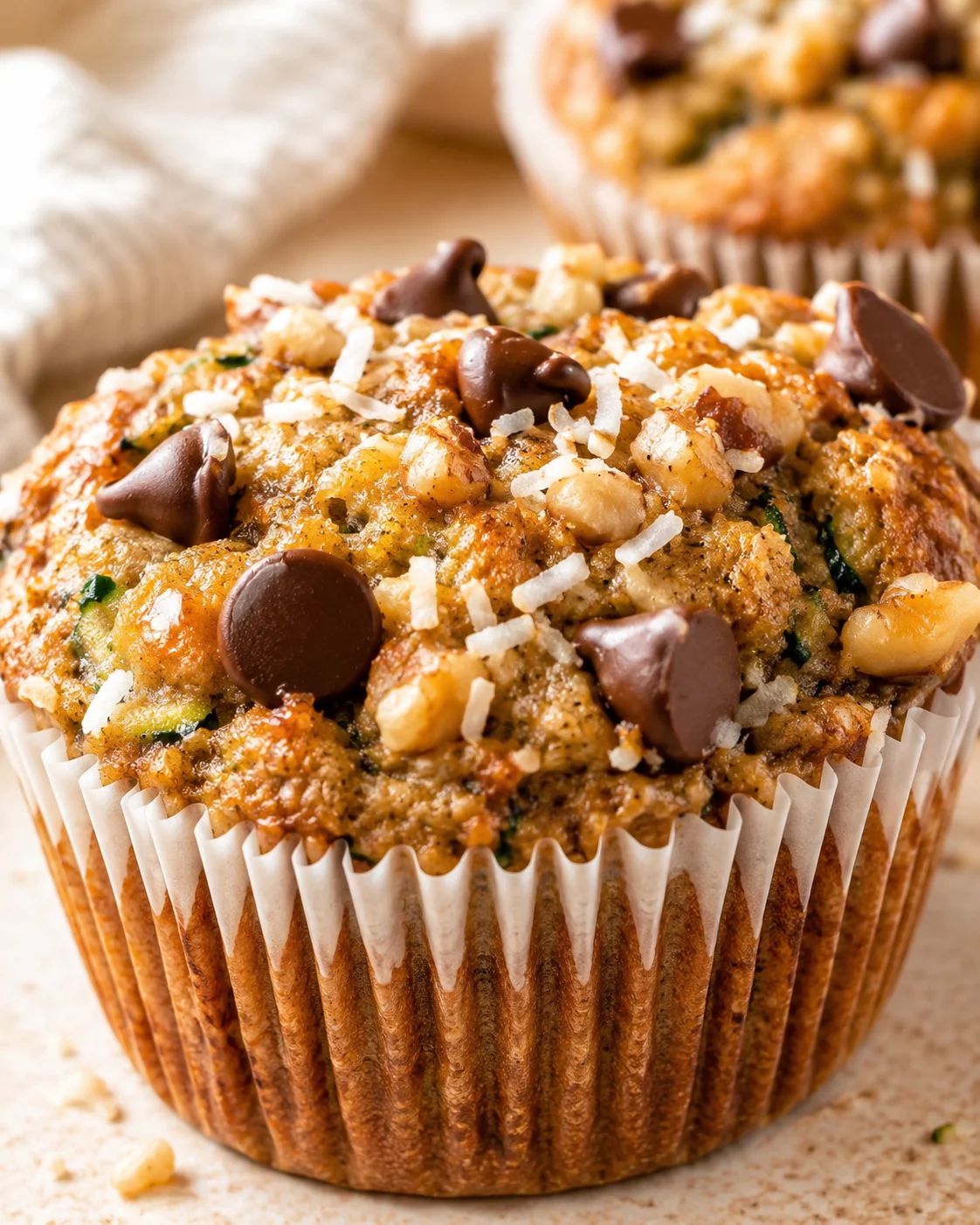 Close-up of a baked muffin topped with chocolate chips, nuts, and coconut in a paper liner.