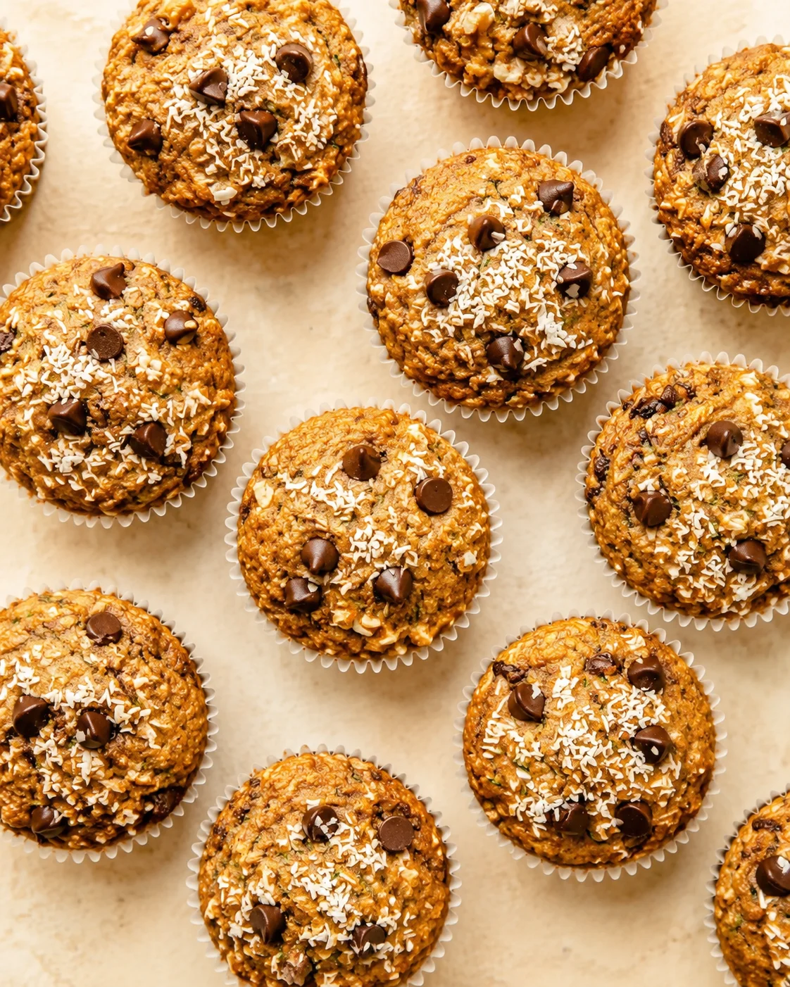 golden-brown muffins in white liners topped with coconut flakes and chocolate chips on parchment