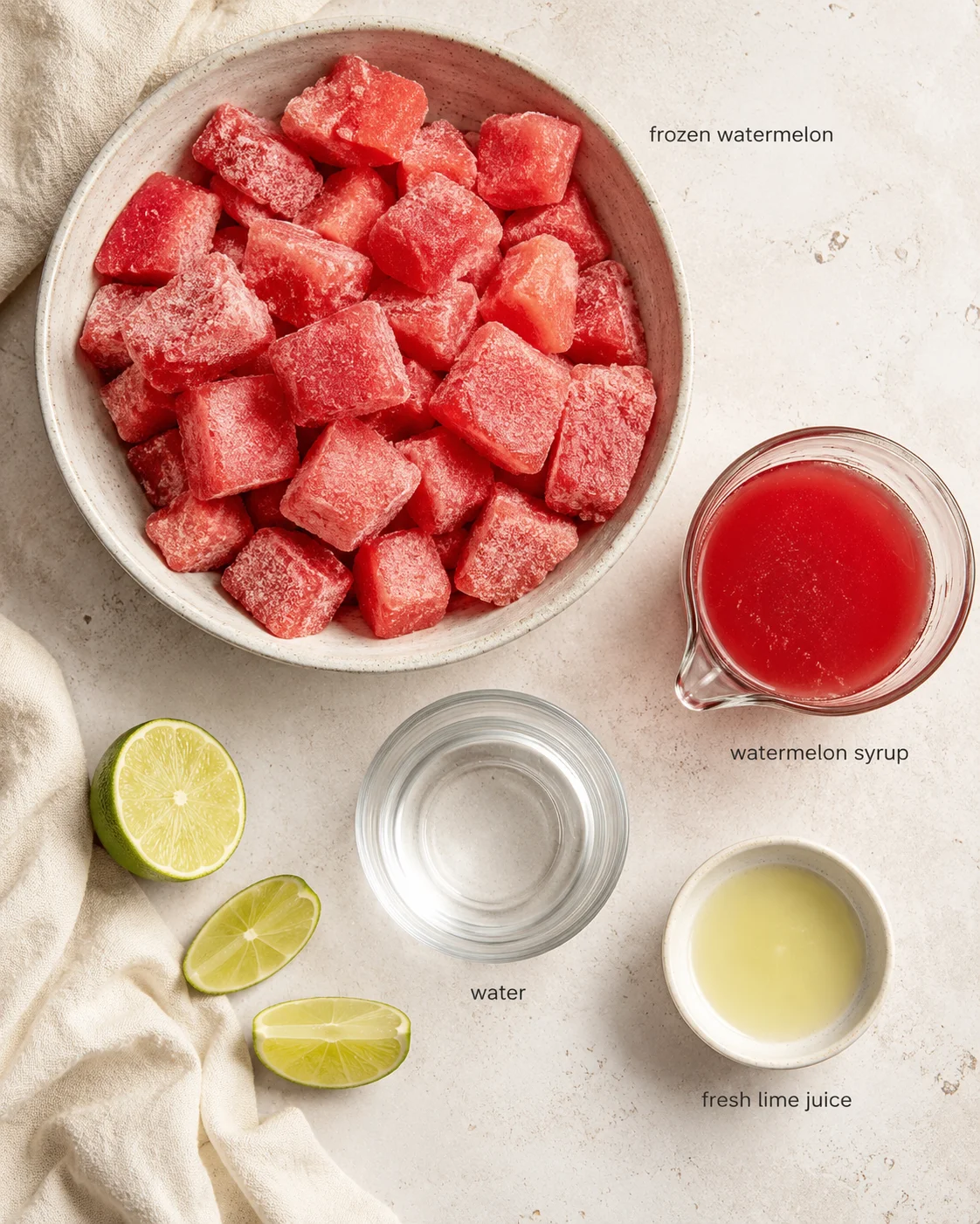 round ceramic bowl filled with frozen watermelon cubes, lime halves, plus a pitcher of watermelon syrup.