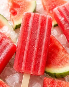 Close-up of red watermelon popsicles on sticks resting in ice with watermelon slices in the background
