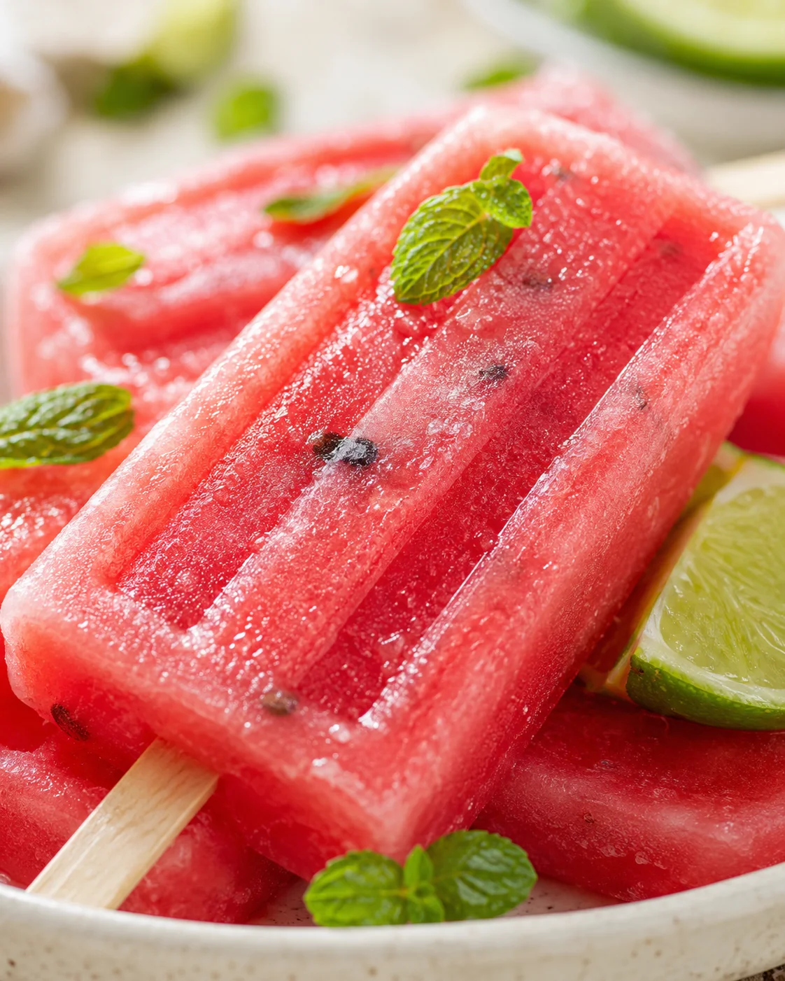 close-up of red watermelon popsicles with mint leaves on a speckled plate and lime wedges.