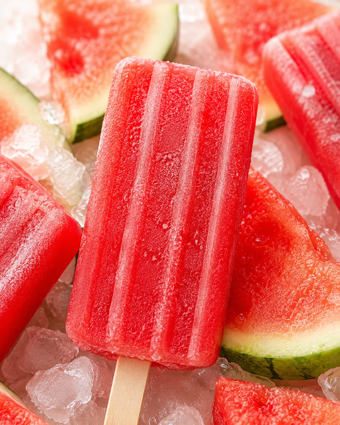 Close-up of red watermelon popsicles on sticks resting in ice with watermelon slices in the background