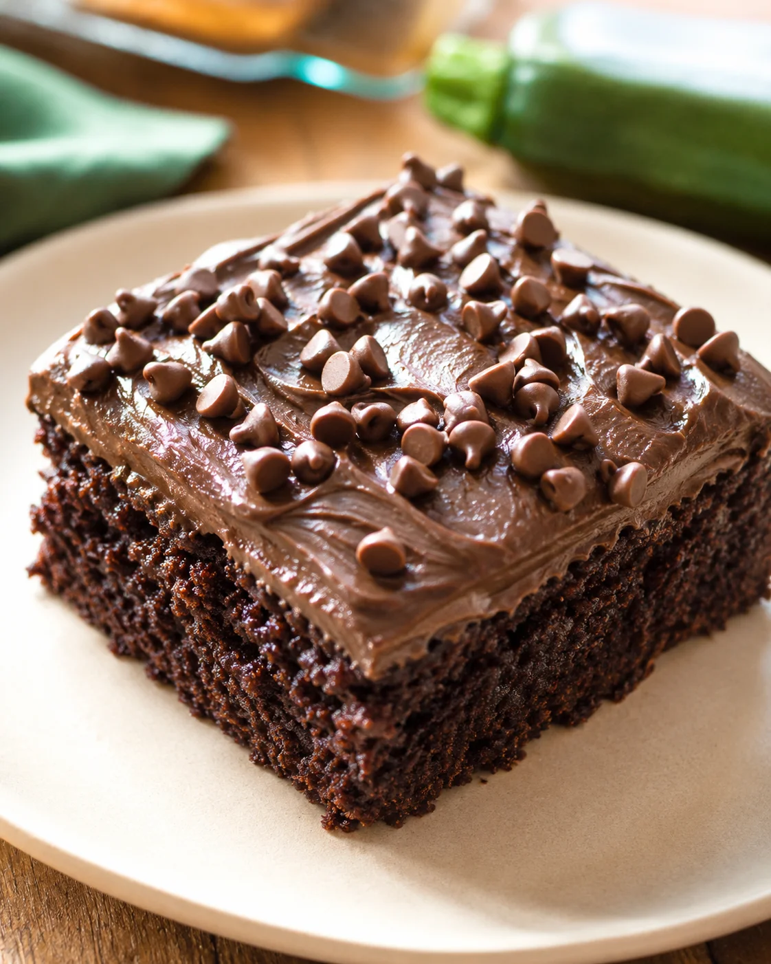 A square slice of fudgy chocolate brownie with glossy chocolate frosting and chocolate chips on a beige plate.