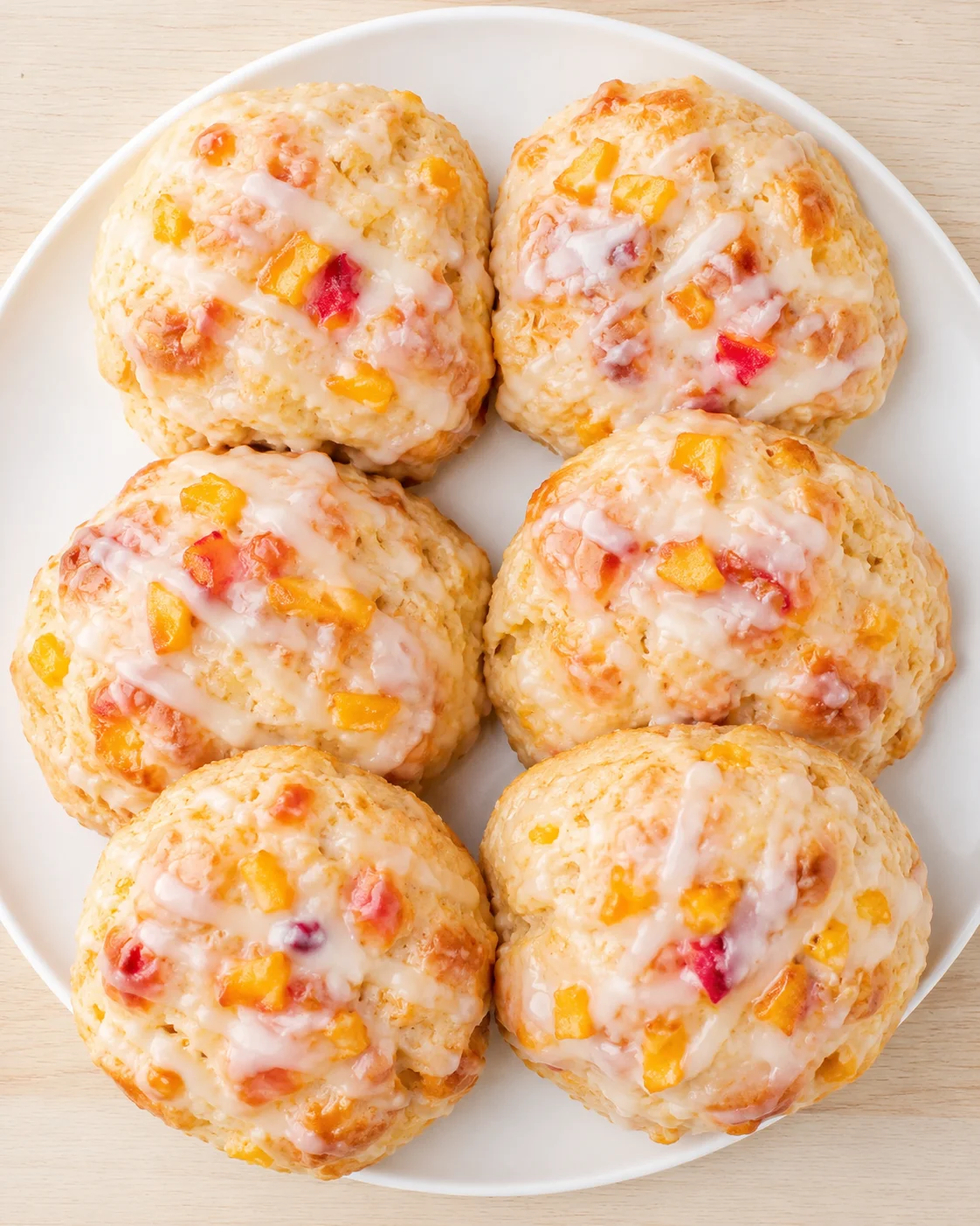 Six round buns glazed with icing, studded with peach-colored fruit chunks on a white plate.