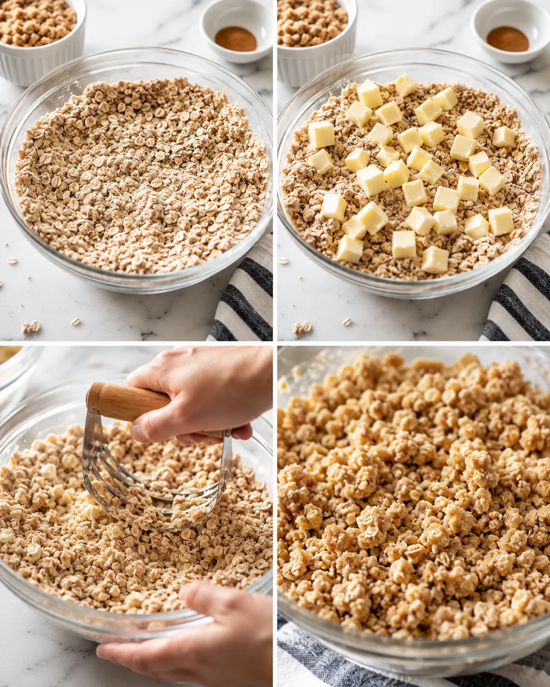 four-panel collage showing granola-making: oats, butter cubes, hands mixing, baked clusters in glass bowls on a white marble counter.