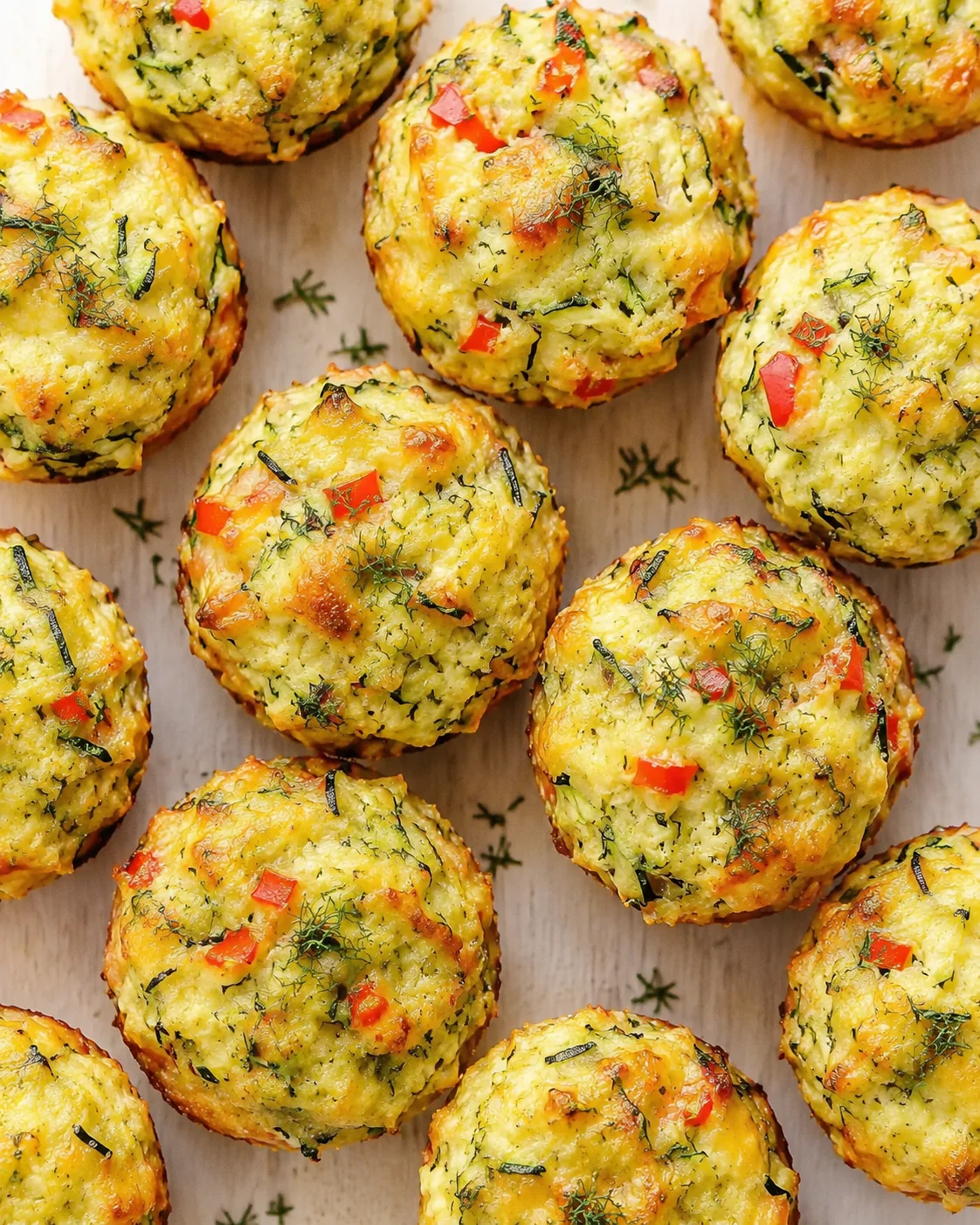 Golden baked cheese muffins studded with dill and red pepper on a light wooden board