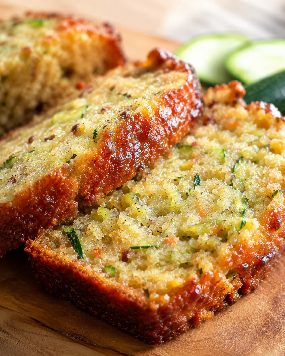 Thick, golden-brown zucchini bread slices on a warm wooden board, with herb flecks and a tender, moist crumb.