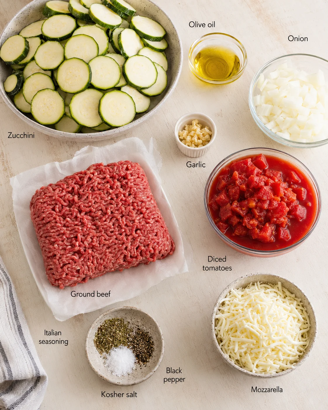 Top-down view of zucchini slices, ground beef, tomatoes, cheese, and aromatics arranged.