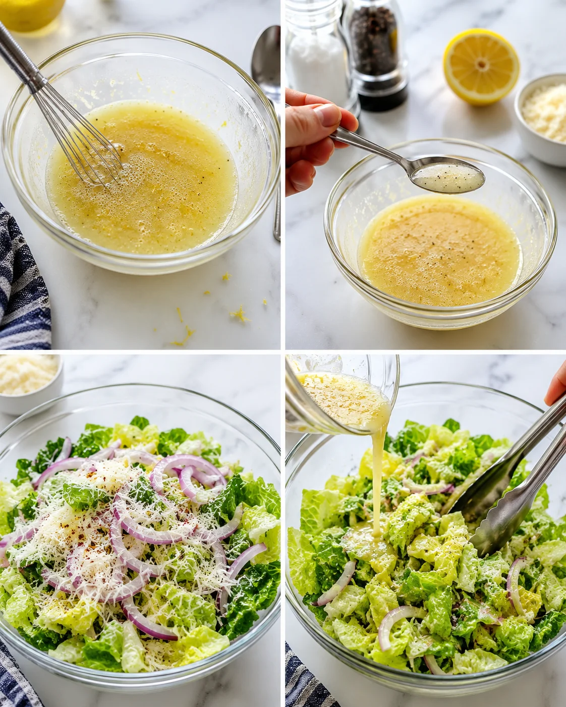 four-panel collage of whisked lemon dressing and romaine salad being dressed