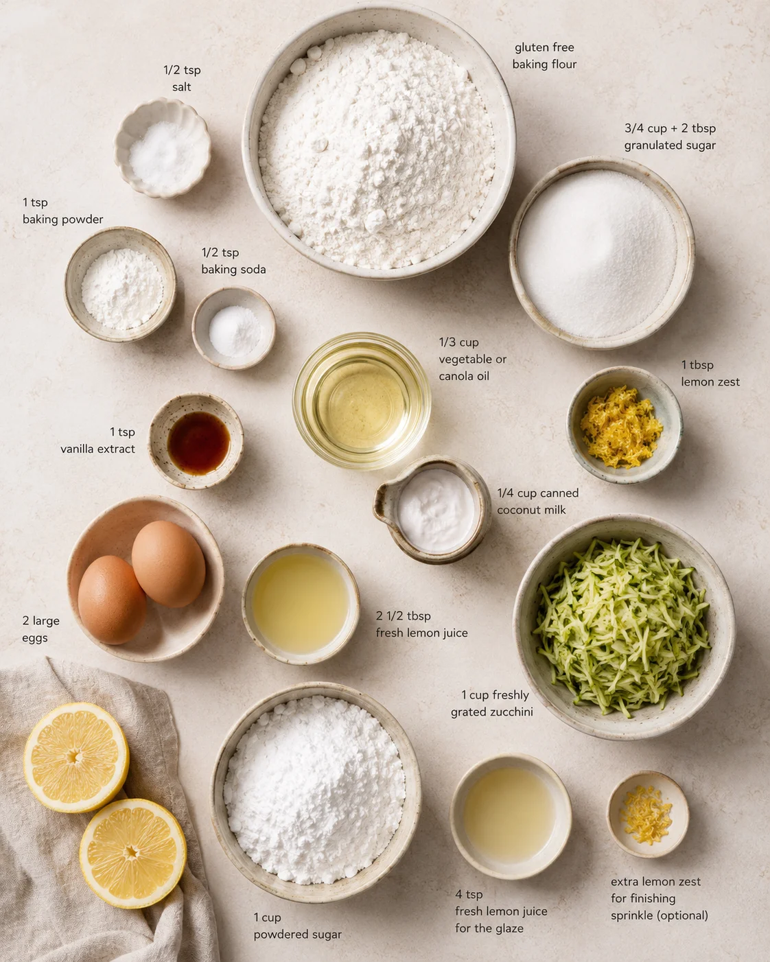 Overhead view of labeled baking ingredients—gluten-free flour, sugars, oils, eggs, lemon, and zucchini.