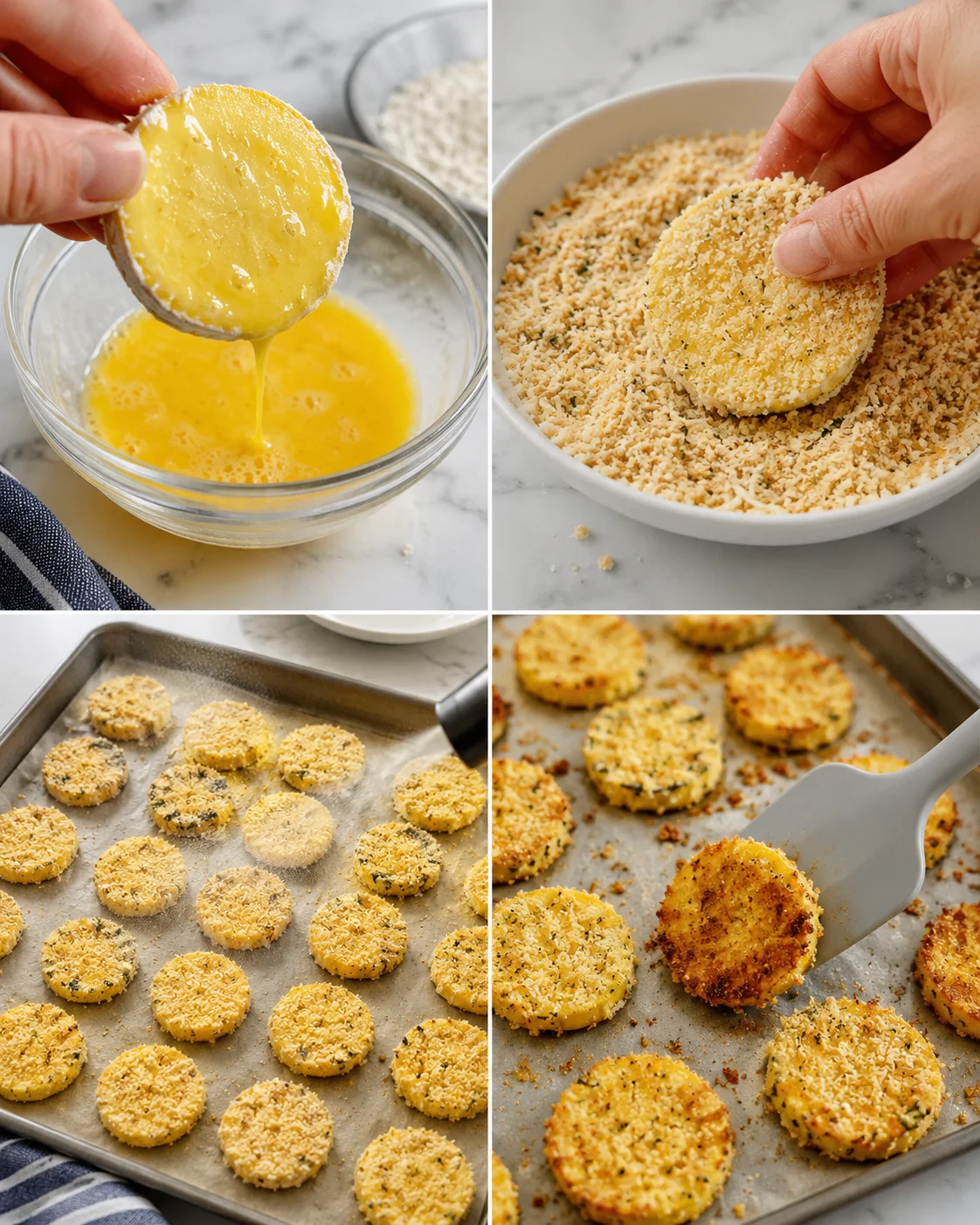 collage showing four steps of making parmesan-herb croquettes: dipping in egg, breading, arranged on sheet, and browned croquettes