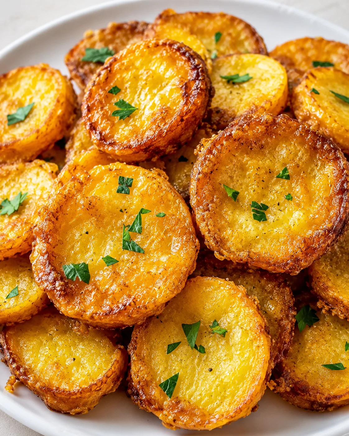 Crispy Southern Fried Squash Golden, crispy fried squash slices garnished with fresh herbs on a white plate.