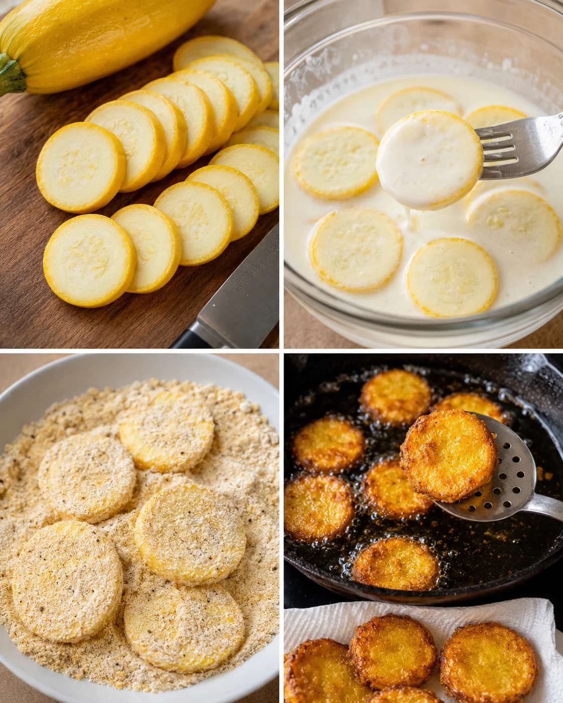 Crispy Southern Fried Squash Golden, crispy fried squash slices ready for serving, coated in seasoned batter.
