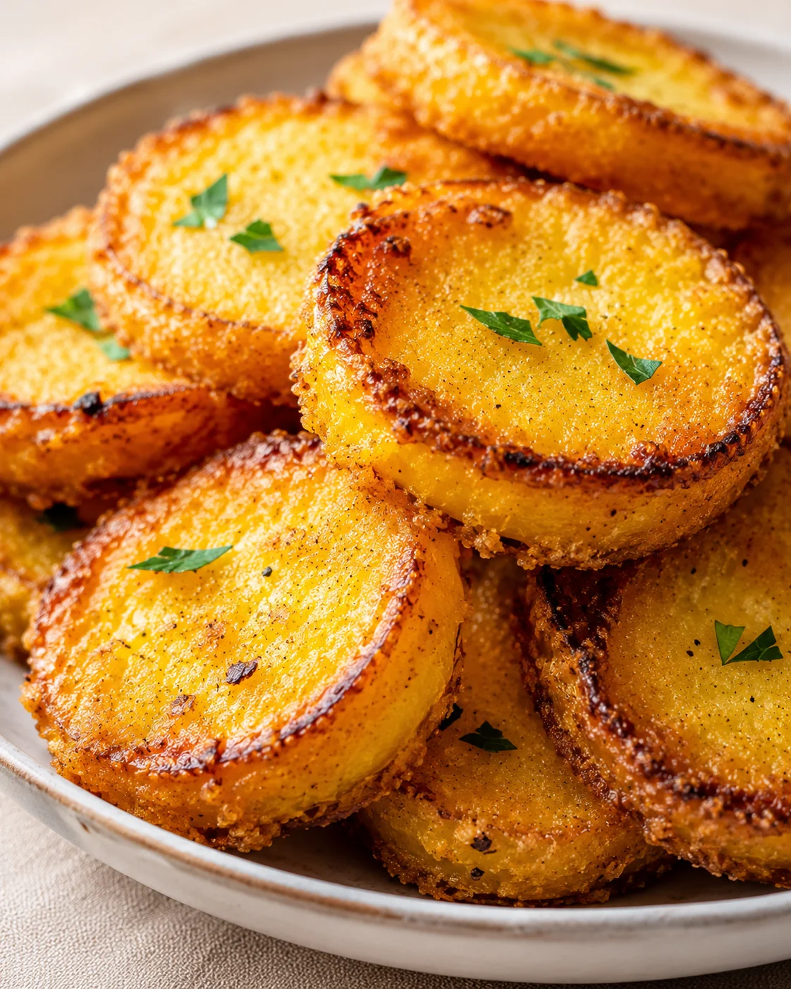 Crispy Fried Squash Golden, crispy southern fried squash slices garnished with herbs on a plate.