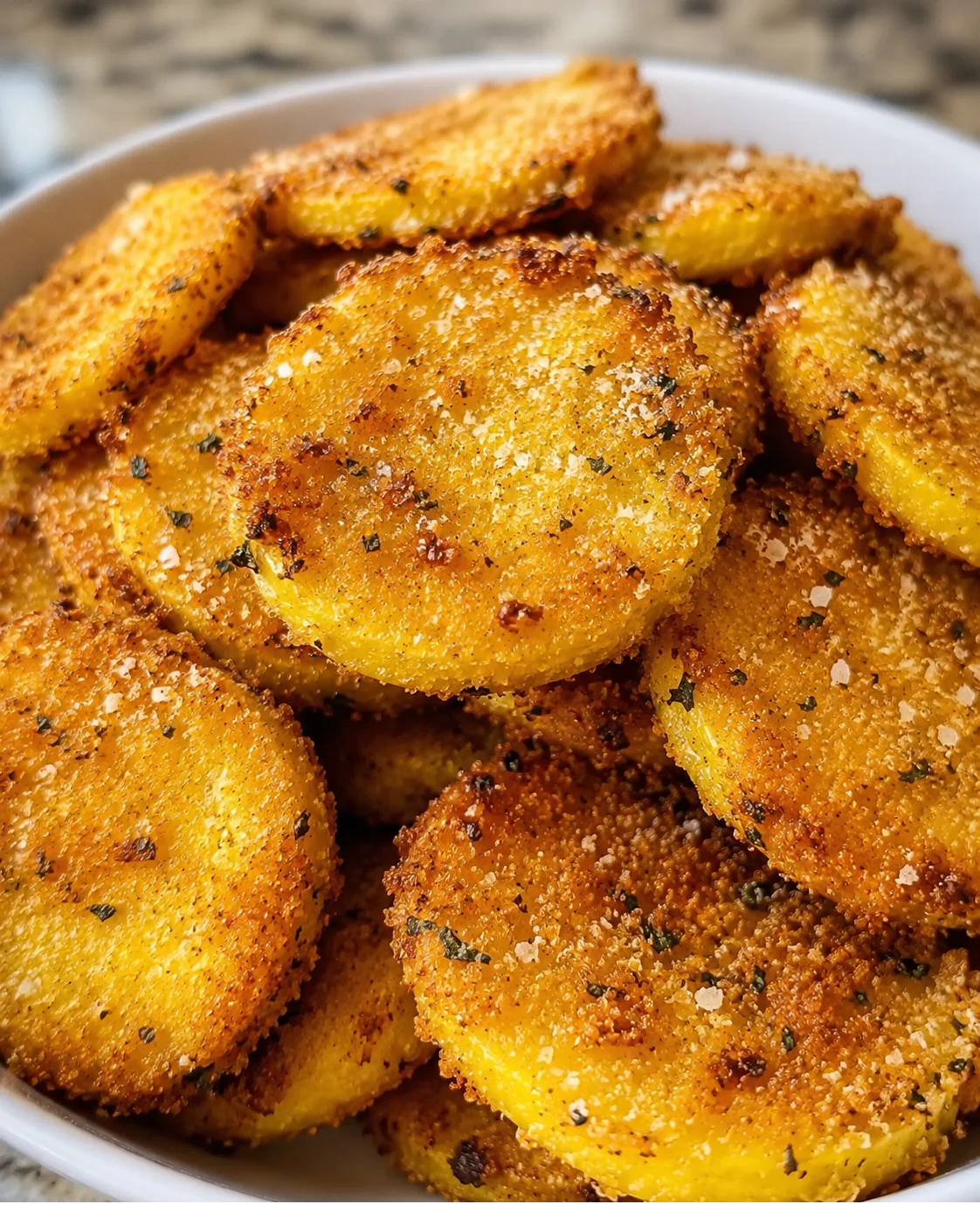 Golden crispy oven fried squash slices with crunchy coating.