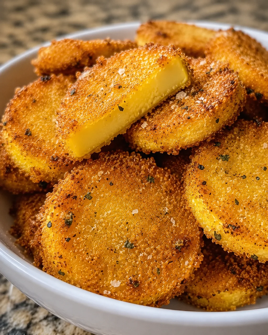 Crispy oven-fried squash slices with golden breadcrumb coating on a white dish.