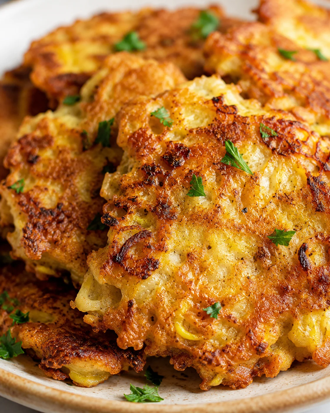 Golden Old Fashioned Squash Fritters Crispy golden squash fritters served on a plate, garnished with fresh herbs.