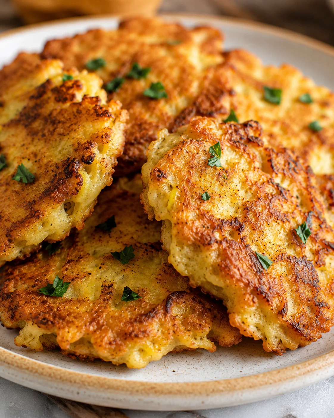 Old Fashioned Squash Fritters Golden, crispy squash fritters garnished with parsley on a plate
