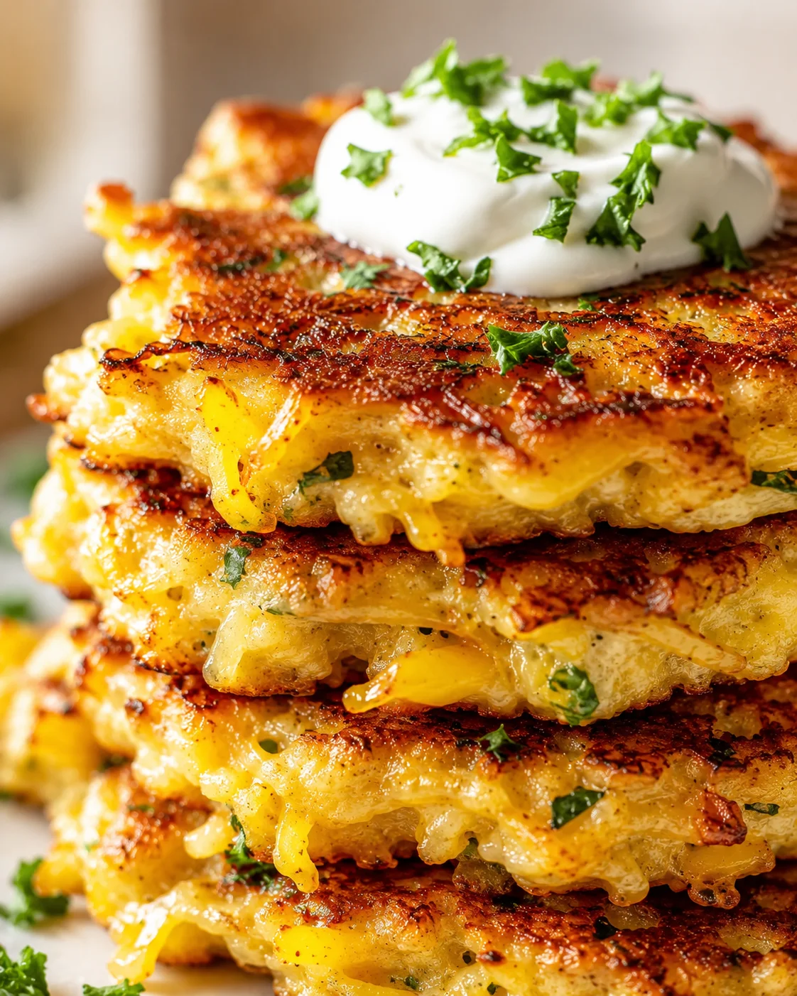 Stack of crispy cheesy yellow squash fritters topped with sour cream and herbs.